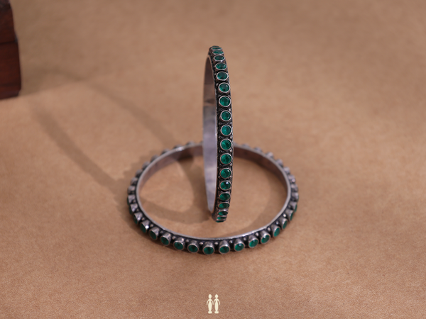 Green Stone Oxidized Pure Silver Bangles