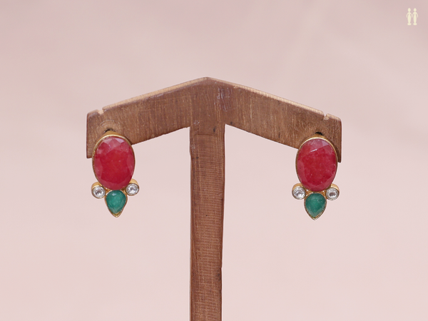Tri Color Stone Gold Plated Pure Silver Stud Earrings