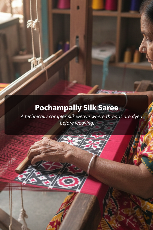 Pochampally Silk Saree In Red With Ikat Design