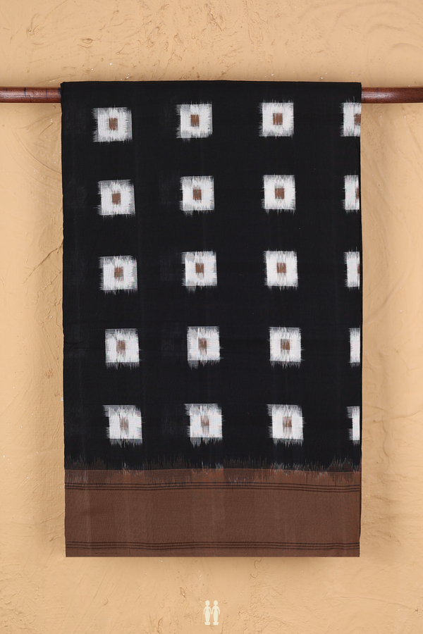 Pochampally Cotton Saree In Black With Square Buttas
