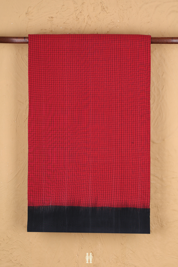 Pochampally Cotton Saree In Crimson Red With Checks Design