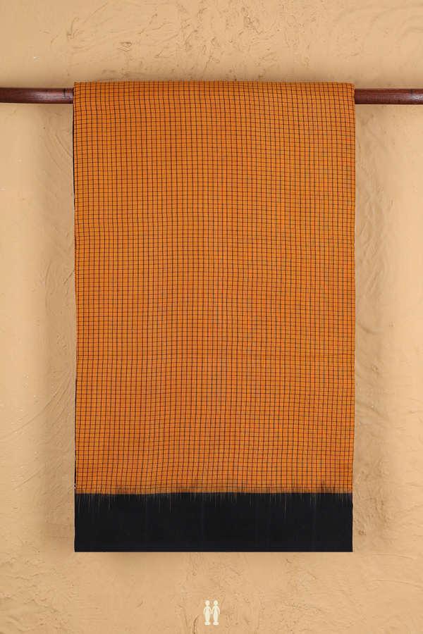 Pochampally Cotton Saree In Honey Orange With Checks Design