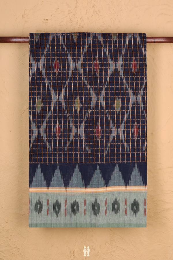 Pochampally Cotton Saree In Navy Blue With Checks Design