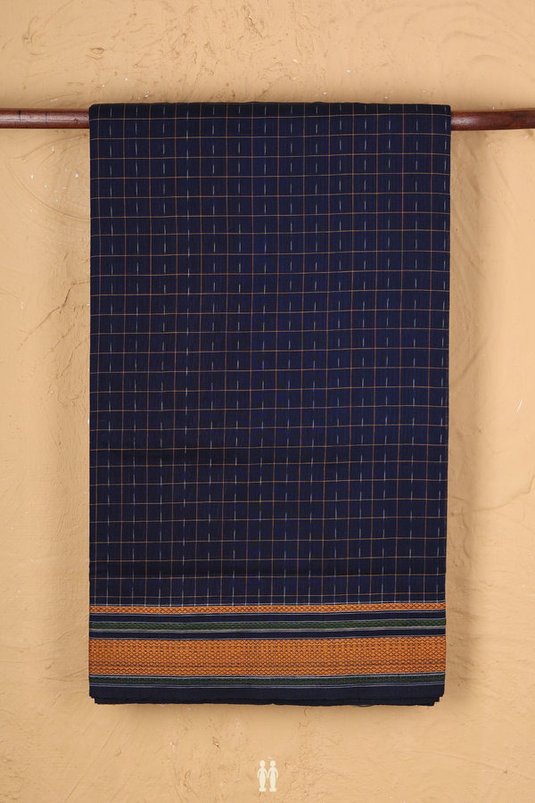 Pochampally Cotton Saree In Navy Blue With Checks Design