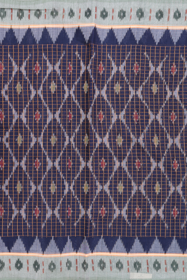Pochampally Cotton Saree In Navy Blue With Checks Design