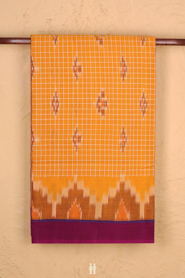 Pochampally Cotton Saree In Orange With Checks Design