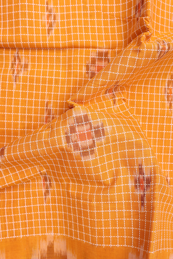 Pochampally Cotton Saree In Orange With Checks Design