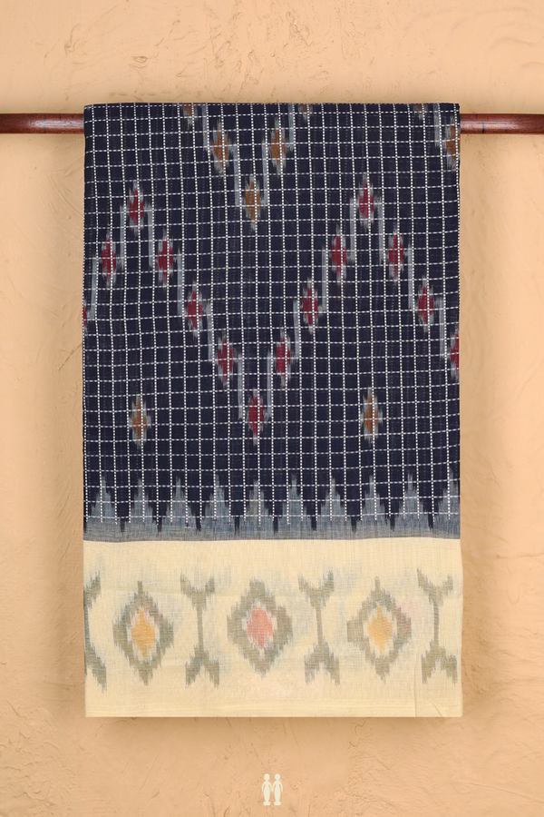 Pochampally Cotton Saree In Oxford Blue With Checks Design