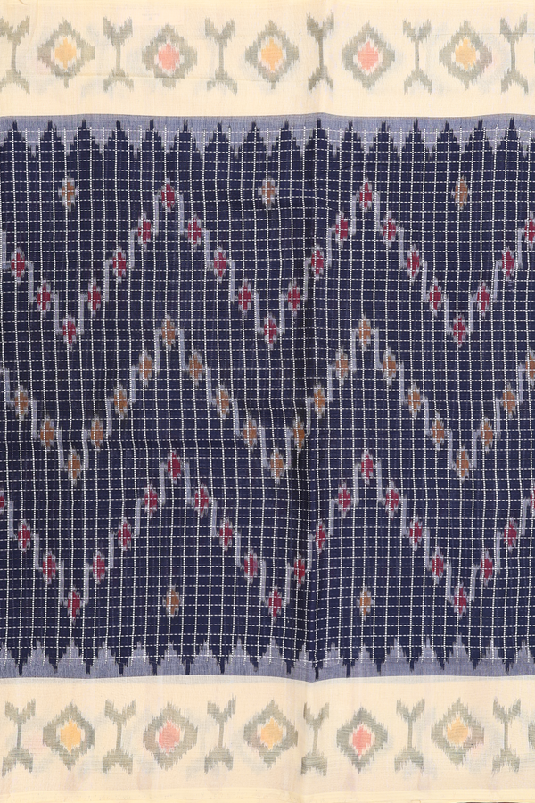 Pochampally Cotton Saree In Oxford Blue With Checks Design