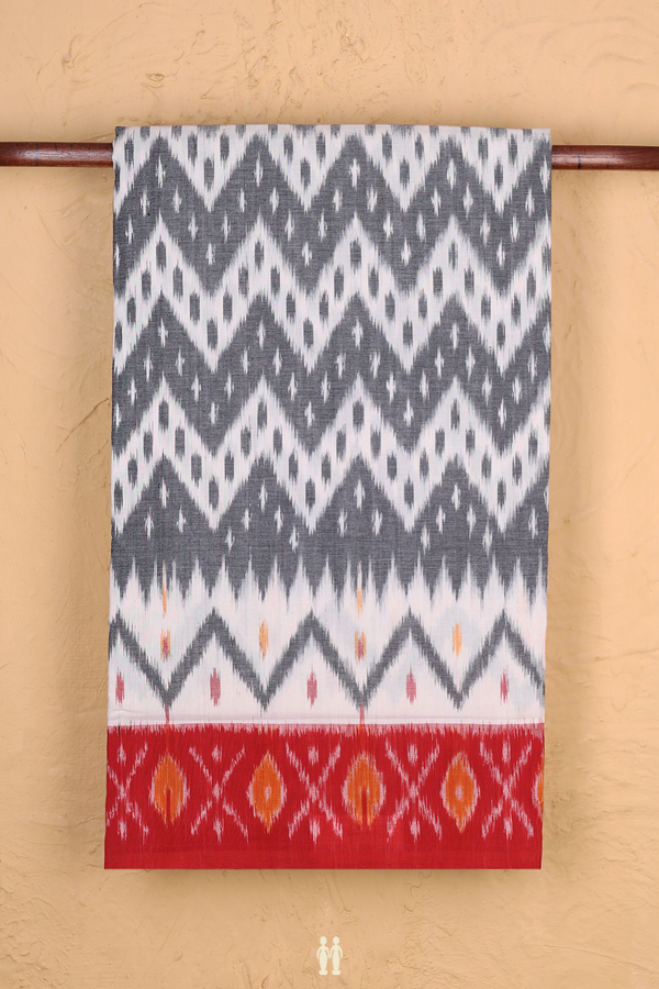 Pochampally Cotton Saree White And Grey With Chevron Design