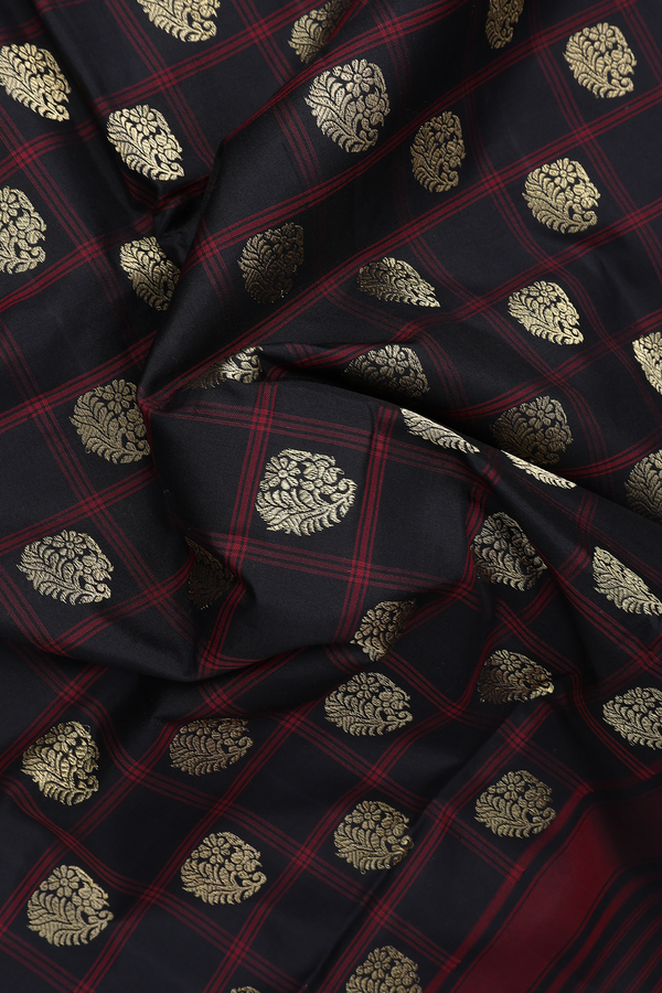 Pochampally Silk Saree In Black Checks With Zari Buttas
