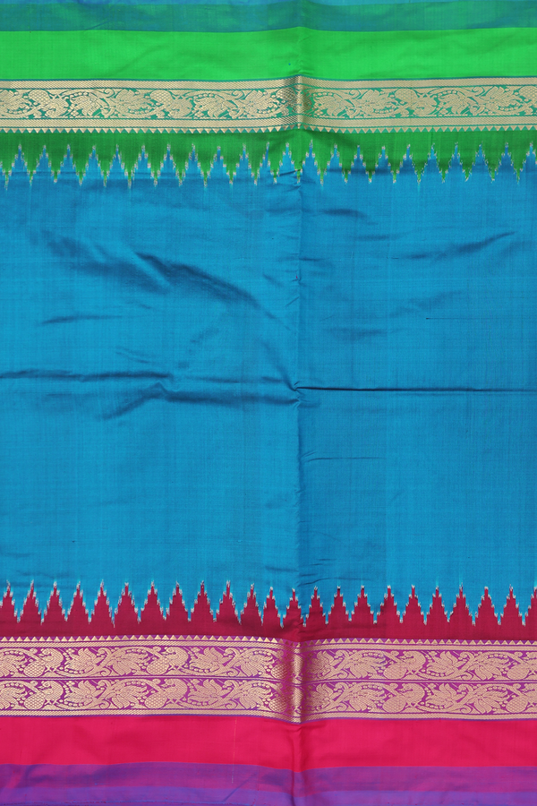 Pochampally Silk Saree In Blue With Ganga Jamuna Border