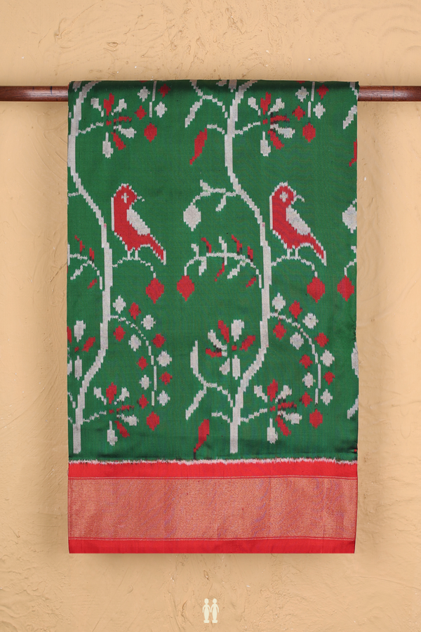 Pochampally Silk Saree In Dark Green With Birds Design