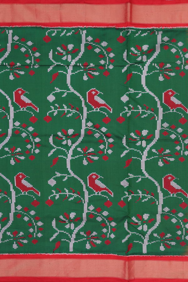 Pochampally Silk Saree In Dark Green With Birds Design