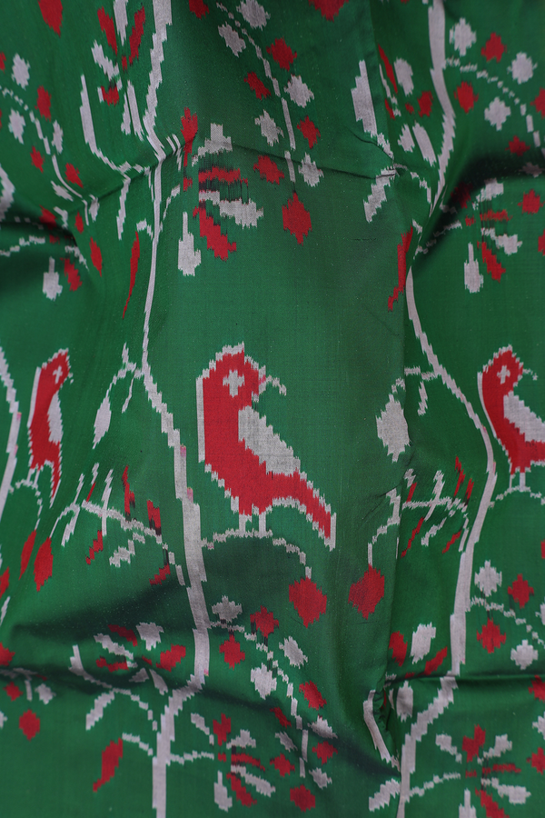 Pochampally Silk Saree In Dark Green With Birds Design