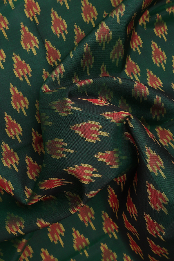 Pochampally Silk Saree In Dark Green With Printed Buttas