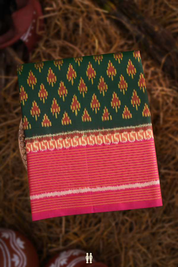 Pochampally Silk Saree In Dark Green With Printed Buttas