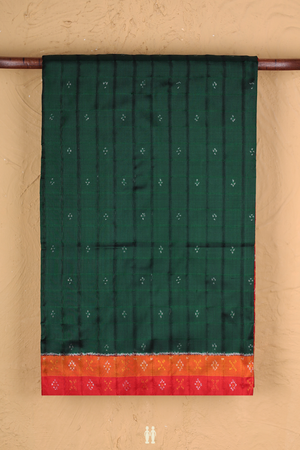 Pochampally Silk Saree In Dark Green With Printed Buttis