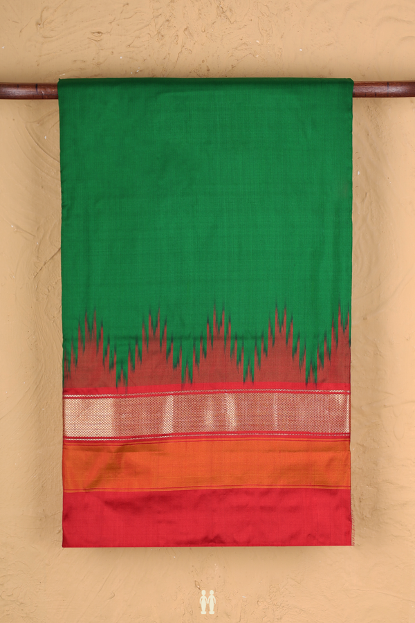 Pochampally Silk Saree In Green With Temple Border