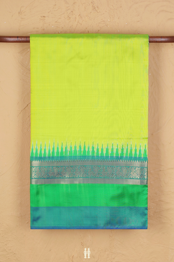 Pochampally Silk Saree In Lime Green With Ganga Jamuna Border