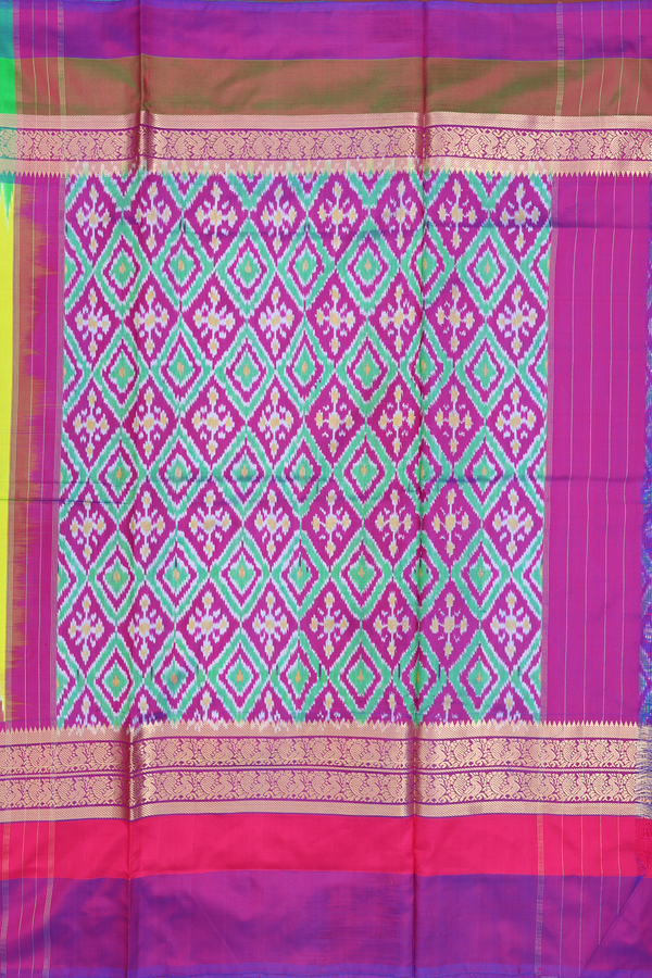 Pochampally Silk Saree In Lime Green With Ganga Jamuna Border