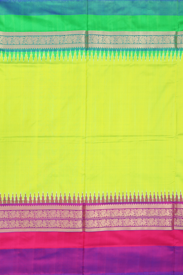 Pochampally Silk Saree In Lime Green With Ganga Jamuna Border