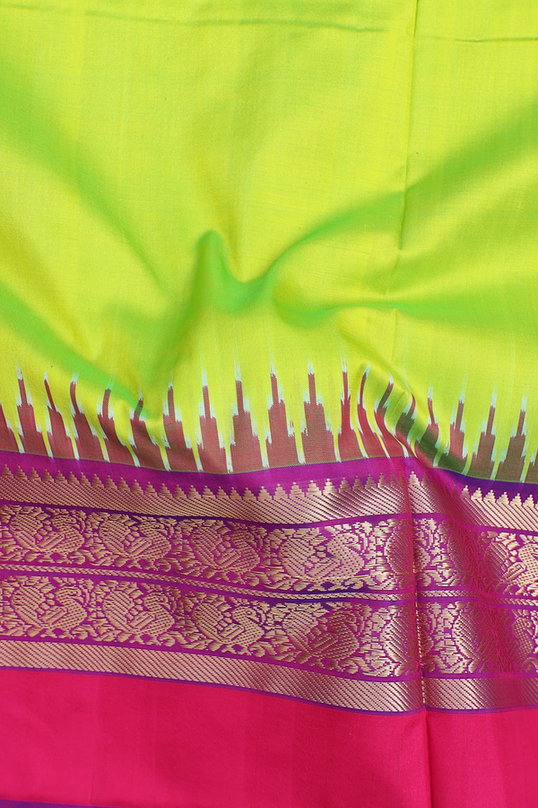 Pochampally Silk Saree In Lime Green With Ganga Jamuna Border