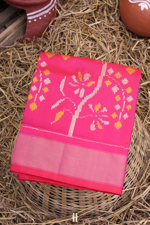 Pochampally Silk Saree In Rani Pink With Parrot Design