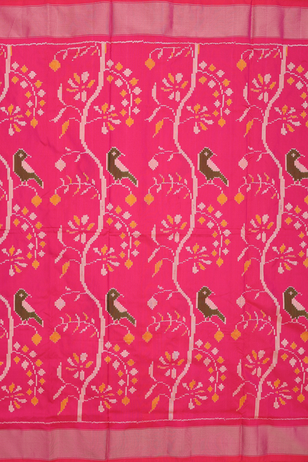 Pochampally Silk Saree In Rani Pink With Parrot Design
