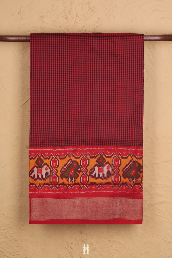 Pochampally Silk Saree In Red And Black With Checks Design