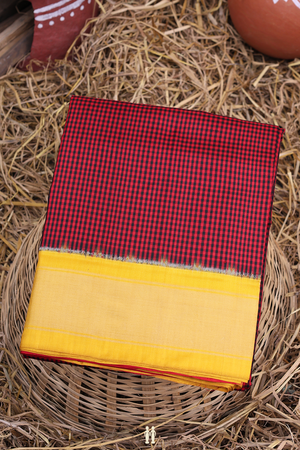 Pochampally Silk Saree In Red And Black With Checks Design