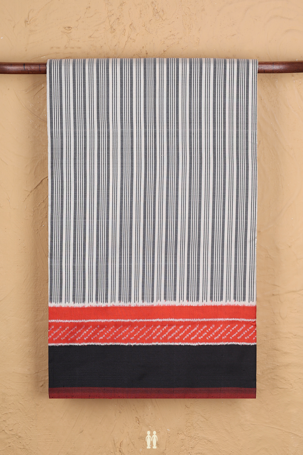 Pochampally Silk Saree In White And Grey With Stripes Design