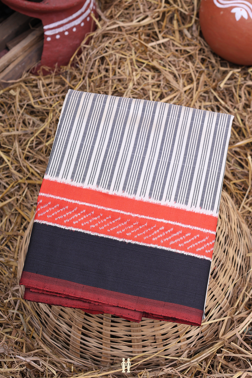 Pochampally Silk Saree In White And Grey With Stripes Design