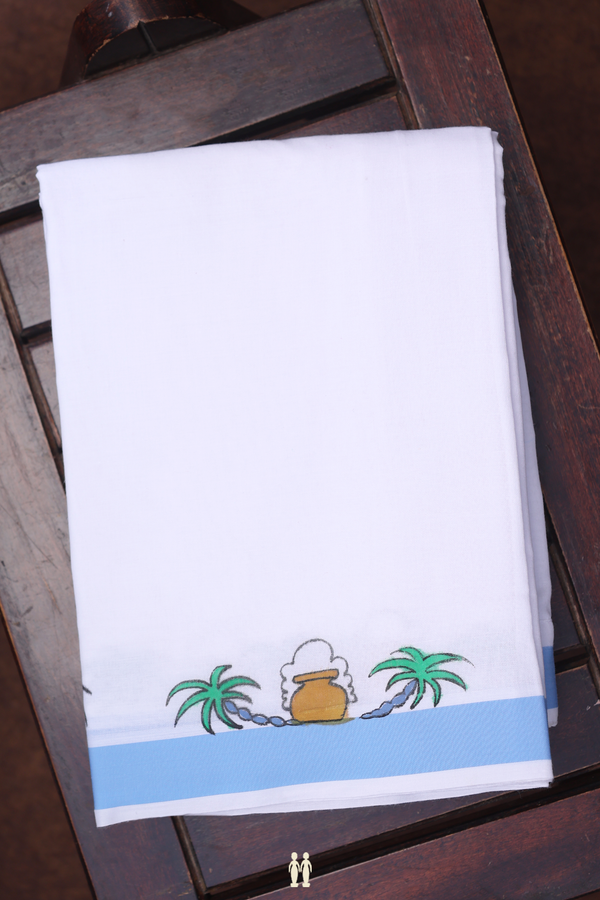 Pongal Design Border White Cotton Adjustable Velcro Dhoti