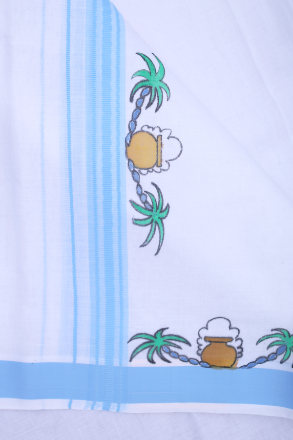 Pongal Design Border White Cotton Adjustable Velcro Dhoti