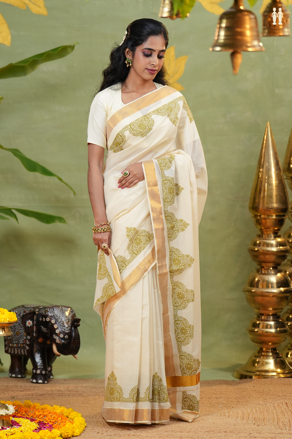 Printed Border White Onam Collection