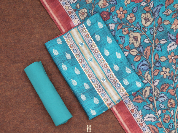 Printed Buttas Green Silk Cotton Unstitched Salwar Material