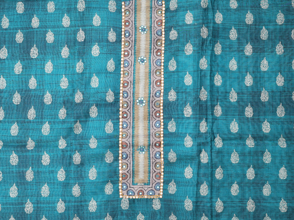 Printed Buttas Green Silk Cotton Unstitched Salwar Material