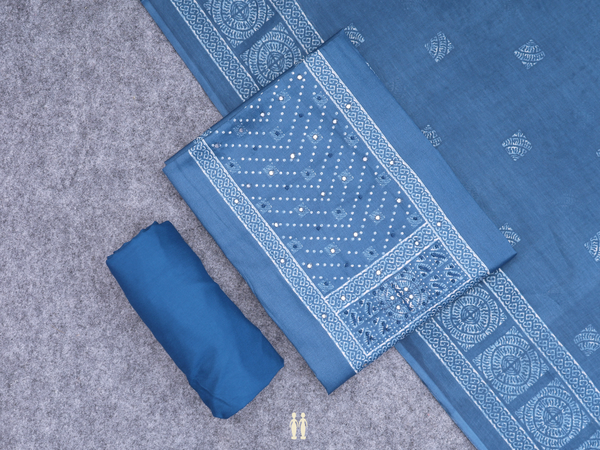 Printed Buttas Capri Blue Cotton Unstitch Salwar Material