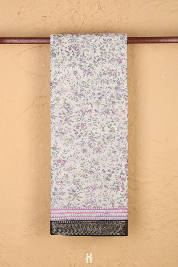 Printed Cotton Saree In White With Floral Design
