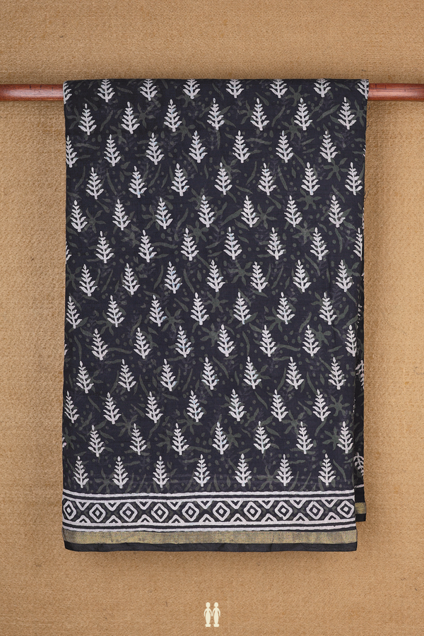 Printed Cotton Saree In Black With Allover Design