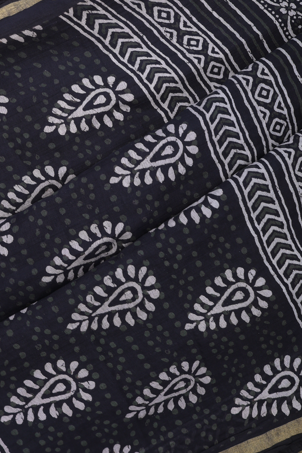 Printed Cotton Saree In Black With Allover Design