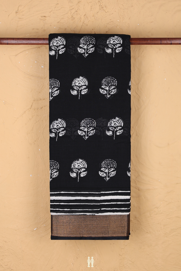 Printed Cotton Saree In Black With Floral Design