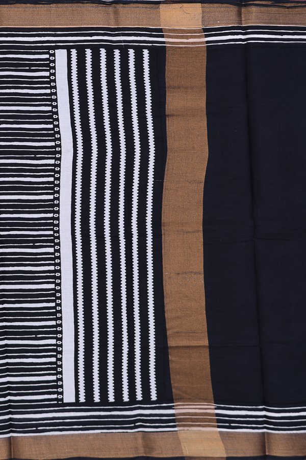Printed Cotton Saree In Black With Floral Design