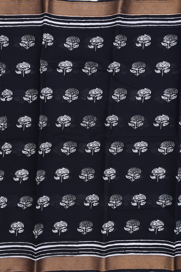 Printed Cotton Saree In Black With Floral Design