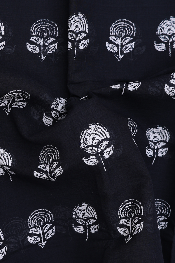 Printed Cotton Saree In Black With Floral Design