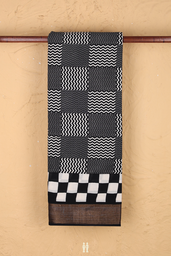 Printed Cotton Saree In Black With Geometric Design