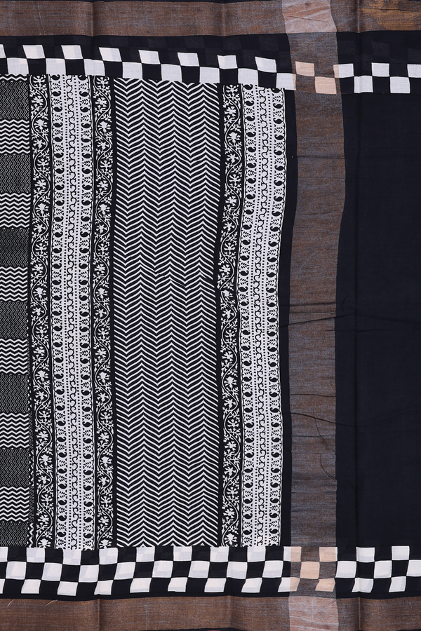 Printed Cotton Saree In Black With Geometric Design