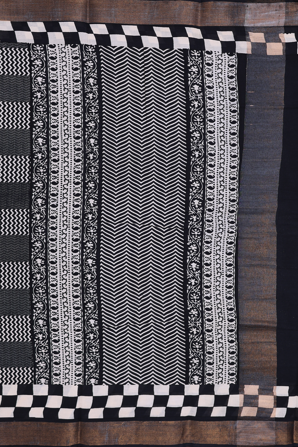Printed Cotton Saree In Black With Geometric Design