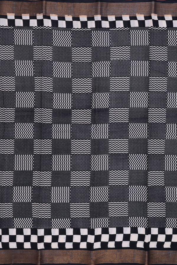 Printed Cotton Saree In Black With Geometric Design